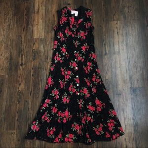 Vintage Black and Red Floral Midi Dress